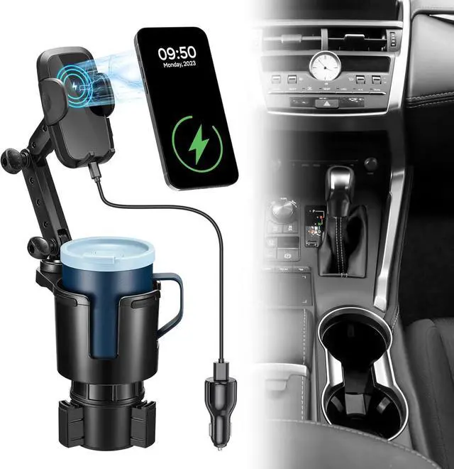 Main image of This Hill Cup Holder Phone Charger, 15W Fast Charging Auto Clamping, Phone Holder for Cup Holder Charger with Adjustable Base & 360° Rotation Compatible for All Smartphones(with Car Adapter)