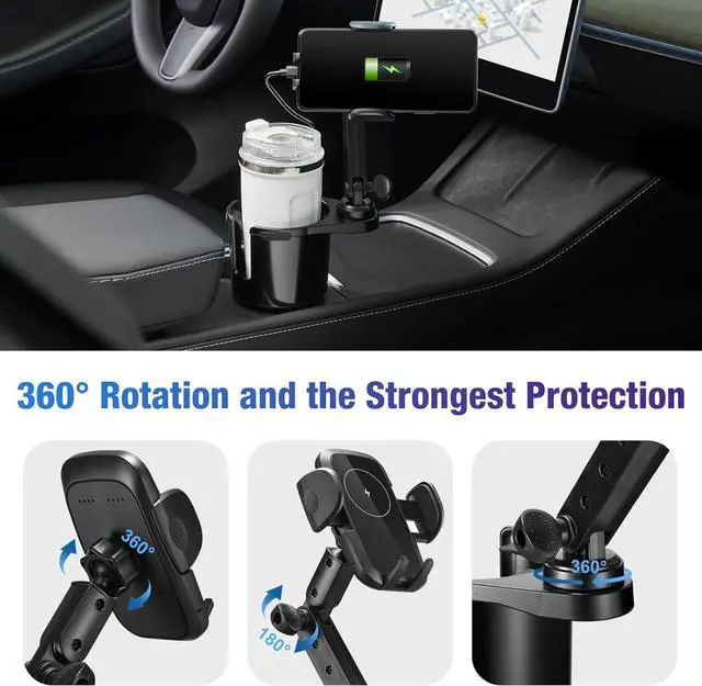 Alt view image 3 of 7 - This Hill Cup Holder Phone Charger, 15W Fast Charging Auto Clamping, Phone Holder for Cup Holder Charger with Adjustable Base & 360° Rotation Compatible for All Smartphones(with Car Adapter)