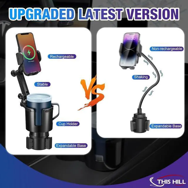 Alt view image 2 of 7 - This Hill Cup Holder Phone Charger, 15W Fast Charging Auto Clamping, Phone Holder for Cup Holder Charger with Adjustable Base & 360° Rotation Compatible for All Smartphones(with Car Adapter)