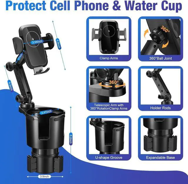 Alt view image 4 of 7 - This Hill Cup Holder Phone Charger, 15W Fast Charging Auto Clamping, Phone Holder for Cup Holder Charger with Adjustable Base & 360° Rotation Compatible for All Smartphones(with Car Adapter)
