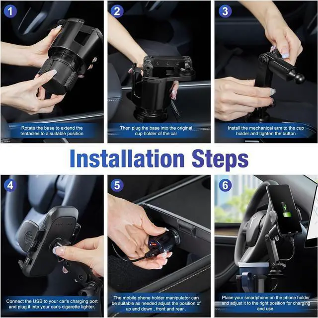 Alt view image 5 of 7 - This Hill Cup Holder Phone Charger, 15W Fast Charging Auto Clamping, Phone Holder for Cup Holder Charger with Adjustable Base & 360° Rotation Compatible for All Smartphones(with Car Adapter)