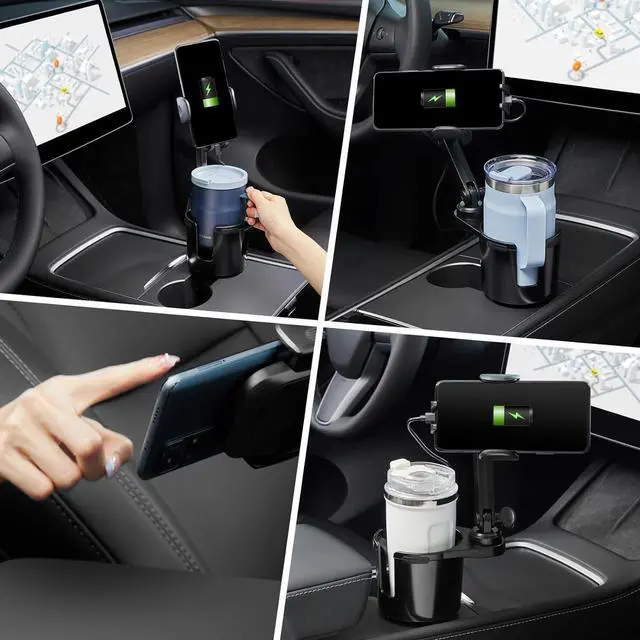 Alt view image 6 of 7 - This Hill Cup Holder Phone Charger, 15W Fast Charging Auto Clamping, Phone Holder for Cup Holder Charger with Adjustable Base & 360° Rotation Compatible for All Smartphones(with Car Adapter)