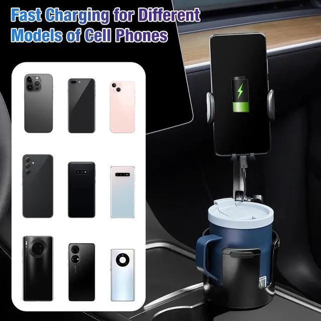 Alt view image 7 of 7 - This Hill Cup Holder Phone Charger, 15W Fast Charging Auto Clamping, Phone Holder for Cup Holder Charger with Adjustable Base & 360° Rotation Compatible for All Smartphones(with Car Adapter)
