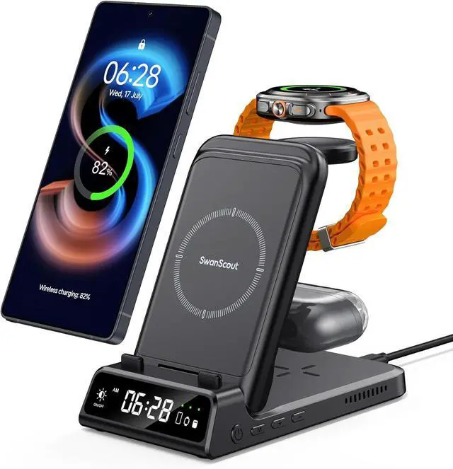 Main image of Charging Station for Samsung Galaxy S25 Ultra/Watch 7/Buds 3, SwanScout 703S, Wireless Charger for Galaxy S25+/S25/S24 Ultra/S24+/S24/S23/S22, Galaxy Watch Ultra/6/5/4, Galaxy Buds (No Adapter)