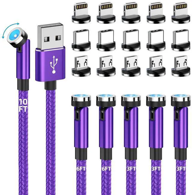 Main image of Magnetic Charging Cable 540° Rotating Magnetic Phone Charger [6-Pack, 3ft/3ft/3ft/6ft/6ft/10ft] 3 in 1 Magnetic Charger Cable Nylon Braided Magnetic USB Cable for i-P/Micro USB/Type C Device-Purple