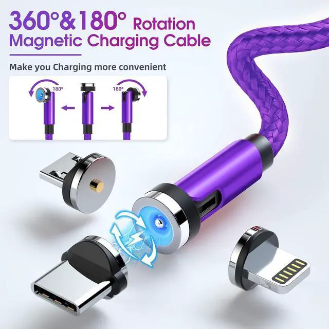 Alt view image 2 of 7 - Magnetic Charging Cable 540° Rotating Magnetic Phone Charger [6-Pack, 3ft/3ft/3ft/6ft/6ft/10ft] 3 in 1 Magnetic Charger Cable Nylon Braided Magnetic USB Cable for i-P/Micro USB/Type C Device-Purple