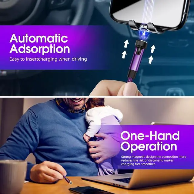 Alt view image 3 of 7 - Magnetic Charging Cable 540° Rotating Magnetic Phone Charger [6-Pack, 3ft/3ft/3ft/6ft/6ft/10ft] 3 in 1 Magnetic Charger Cable Nylon Braided Magnetic USB Cable for i-P/Micro USB/Type C Device-Purple