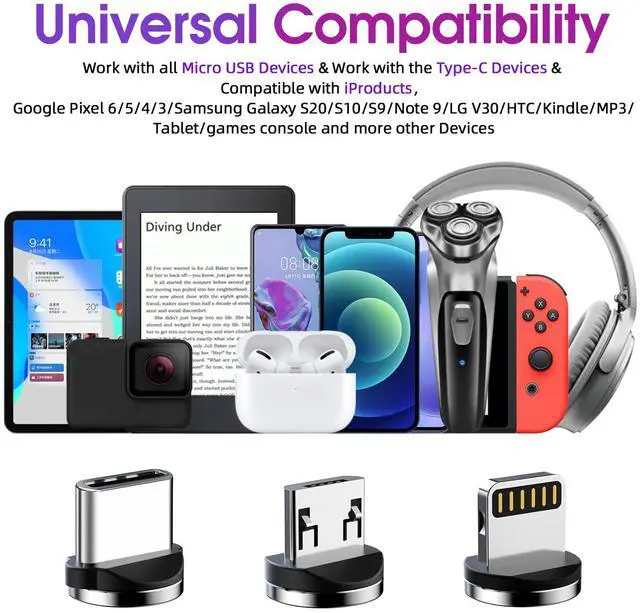 Alt view image 6 of 7 - Magnetic Charging Cable 540° Rotating Magnetic Phone Charger [6-Pack, 3ft/3ft/3ft/6ft/6ft/10ft] 3 in 1 Magnetic Charger Cable Nylon Braided Magnetic USB Cable for i-P/Micro USB/Type C Device-Purple