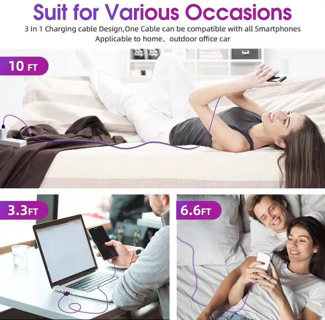 Alt view image 7 of 7 - Magnetic Charging Cable 540° Rotating Magnetic Phone Charger [6-Pack, 3ft/3ft/3ft/6ft/6ft/10ft] 3 in 1 Magnetic Charger Cable Nylon Braided Magnetic USB Cable for i-P/Micro USB/Type C Device-Purple