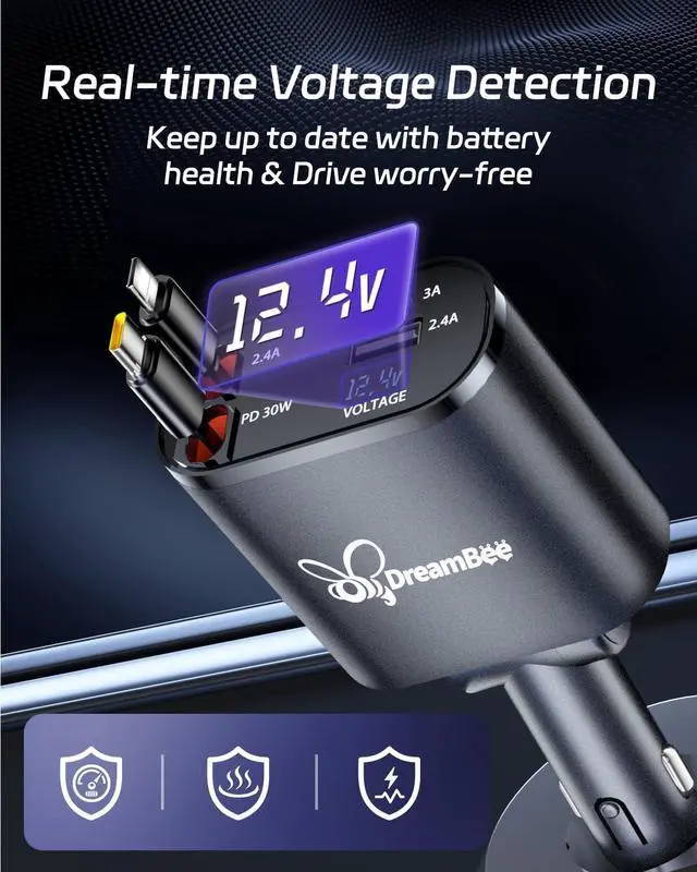 Alt view image 2 of 7 - Retractable Car Charger,66W 4 in 1 Super Fast Charge Car Phone Charger,Retractable Cables (31.5 inch) and 2 USB Ports Car Charger Adapter for iPhone 15/14/13/12 Pro Max XR,iPad,Samsung,Pixel