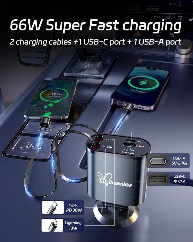 Alt view image 3 of 7 - Retractable Car Charger,66W 4 in 1 Super Fast Charge Car Phone Charger,Retractable Cables (31.5 inch) and 2 USB Ports Car Charger Adapter for iPhone 15/14/13/12 Pro Max XR,iPad,Samsung,Pixel
