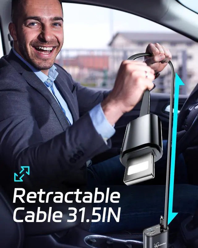 Alt view image 5 of 7 - Retractable Car Charger,66W 4 in 1 Super Fast Charge Car Phone Charger,Retractable Cables (31.5 inch) and 2 USB Ports Car Charger Adapter for iPhone 15/14/13/12 Pro Max XR,iPad,Samsung,Pixel