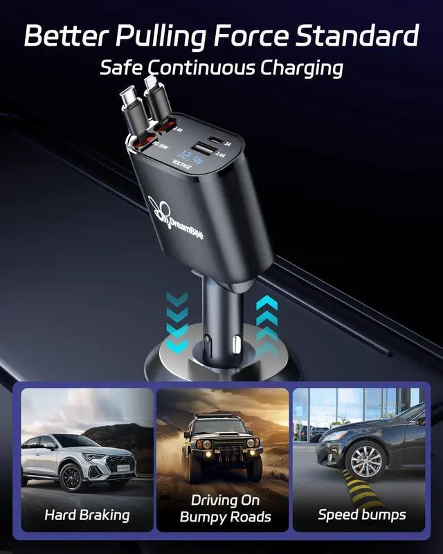 Alt view image 6 of 7 - Retractable Car Charger,66W 4 in 1 Super Fast Charge Car Phone Charger,Retractable Cables (31.5 inch) and 2 USB Ports Car Charger Adapter for iPhone 15/14/13/12 Pro Max XR,iPad,Samsung,Pixel