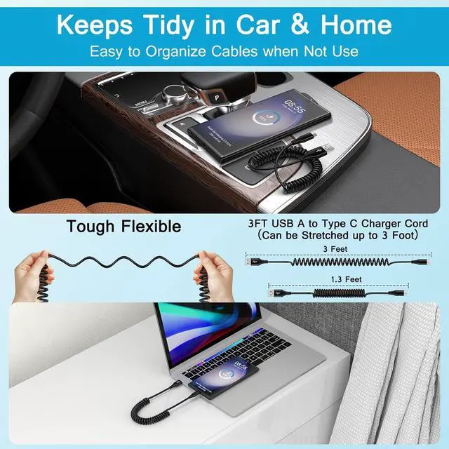 Alt view image 3 of 7 - S24 Ultra FE Coiled USB C to USB A Cable Fast Charging for Galaxy S24+/S23/S22/S21 S25/S25+ 3FT Retractable Android Phone Car Charger Cord for iPhone 16 15 Pro Max Plus Google Pixel 9/8/7/6
