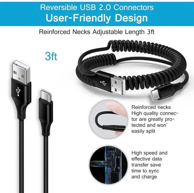 Alt view image 5 of 7 - S24 Ultra FE Coiled USB C to USB A Cable Fast Charging for Galaxy S24+/S23/S22/S21 S25/S25+ 3FT Retractable Android Phone Car Charger Cord for iPhone 16 15 Pro Max Plus Google Pixel 9/8/7/6