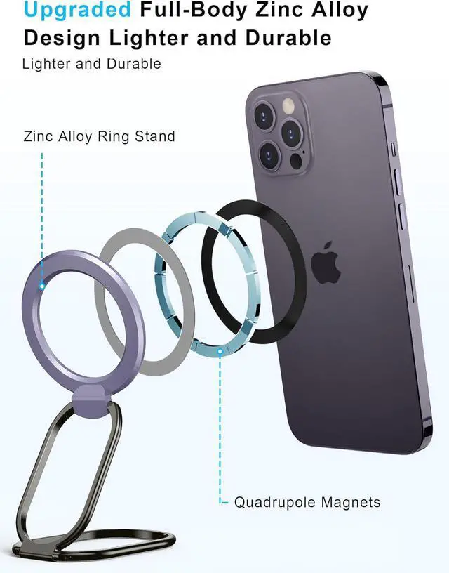 Alt view image 5 of 7 - 2025 Upgraded Mag Safe Phone Ring Holder, SUPERONE Adjustable Magnetic Kickstand & Removable Phone Grip Compatible with Wireless Charging Only for iPhone 16 & 15 & 14 & 13 & 12 Series - Purple