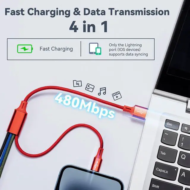 Alt view image 2 of 7 - Multi Charging Cable, 1Ft/2Pack Multi Charging Cord, 4 in 1 Multi Charger Cable,Short Multi Charger,Fast Charging with IP/Type C/Micro USB Ports for Cell Phones/Tablets/Samsung Galaxy/LG/iPads & More