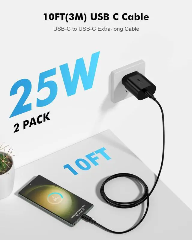 Alt view image 3 of 7 - 25W Super Fast Charger Type C 2 Pack with 10FT USB C Cable Fast Charging for Sam-Sung Galaxy S23 Ultra Charger S23/S23+/S22 Ultra/S22+/S22/S21/S20/Z Fold 4,3/Z Flip 4,3 S10/S9/S8