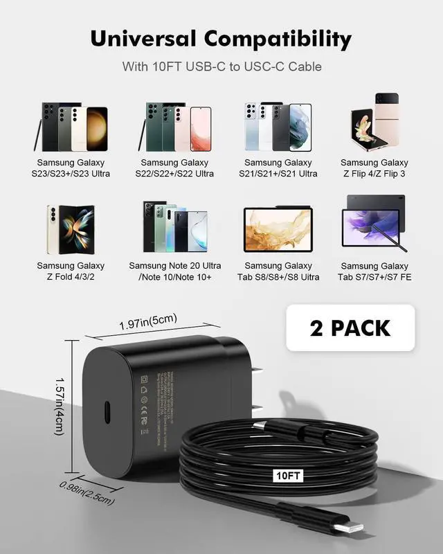 Alt view image 6 of 7 - 25W Super Fast Charger Type C 2 Pack with 10FT USB C Cable Fast Charging for Sam-Sung Galaxy S23 Ultra Charger S23/S23+/S22 Ultra/S22+/S22/S21/S20/Z Fold 4,3/Z Flip 4,3 S10/S9/S8