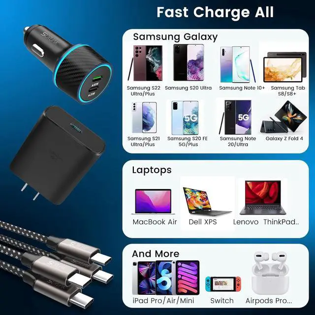 Alt view image 4 of 7 - S24 S25 Ultra Charger Type C, SCRUAK 45W PPS Super Fast USB-C Wall/Car Charger for Samsung Galaxy S25 Ultra/S25+/S25/S24 Ultra/S24+/S23/S22/S20/Note 20/Note 10+(with 2X 6.6FT 5A Type C Cable)