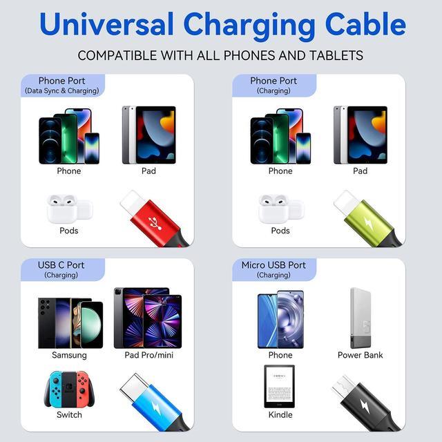 Alt view image 4 of 6 - Multi Charging Cable 4A 3Pack 4FT Multi Fast Charging Cord 4 in 1 Multi Charger Cable Multi Cable with IP/Type C/Micro USB Port Adapter for Cell Phones/Tablets/Samsung Galaxy/LG/Huawei & More