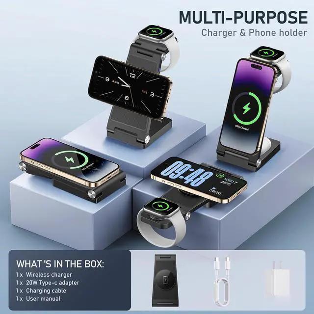 Alt view image 2 of 6 - Magnetic Wireless Charger Stand, 3 in 1 Foldable Wireless Charging Station, Travel Charger for Multiple Devices for iPhone 16 15 14 13 12 Series, Apple Watch Ultra/9/8/7/6/5/4/3/2, AirPods