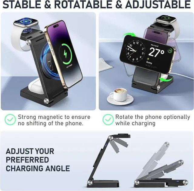 Alt view image 4 of 6 - Magnetic Wireless Charger Stand, 3 in 1 Foldable Wireless Charging Station, Travel Charger for Multiple Devices for iPhone 16 15 14 13 12 Series, Apple Watch Ultra/9/8/7/6/5/4/3/2, AirPods