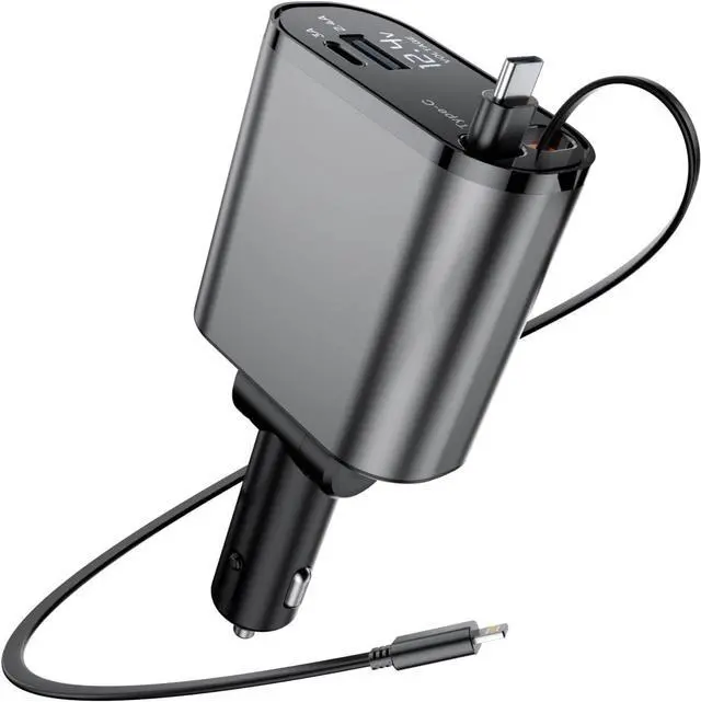 Main image of Retractable Car Charger with Dual Retractable Cords Type-C Cable Fast Charging Up to 100W 4 in 1 Fast Car Phone Charger with Voltage Display for iPhone 16/15/14/13/12 Pro Max iPad