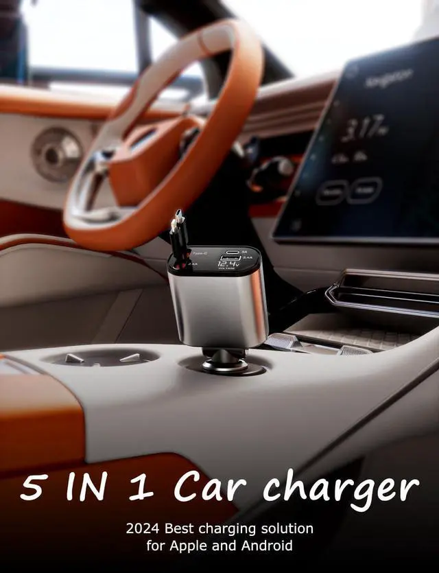 Alt view image 2 of 7 - Retractable Car Charger with Dual Retractable Cords Type-C Cable Fast Charging Up to 100W 4 in 1 Fast Car Phone Charger with Voltage Display for iPhone 16/15/14/13/12 Pro Max iPad