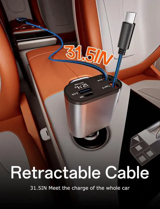 Alt view image 4 of 7 - Retractable Car Charger with Dual Retractable Cords Type-C Cable Fast Charging Up to 100W 4 in 1 Fast Car Phone Charger with Voltage Display for iPhone 16/15/14/13/12 Pro Max iPad