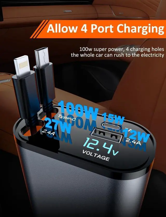 Alt view image 5 of 7 - Retractable Car Charger with Dual Retractable Cords Type-C Cable Fast Charging Up to 100W 4 in 1 Fast Car Phone Charger with Voltage Display for iPhone 16/15/14/13/12 Pro Max iPad