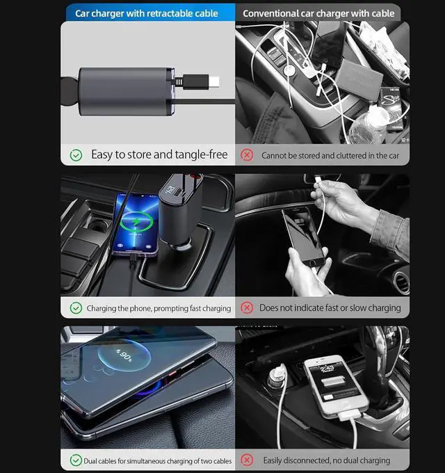 Alt view image 7 of 7 - Retractable Car Charger with Dual Retractable Cords Type-C Cable Fast Charging Up to 100W 4 in 1 Fast Car Phone Charger with Voltage Display for iPhone 16/15/14/13/12 Pro Max iPad