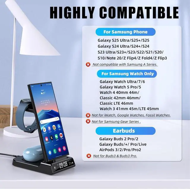 Alt view image 2 of 6 - Wireless Charger for Samsung Charging Station, 3 in 1 Android Phone Wireless Charger for Samsung Galaxy S25 Ultra/S24 Ultra/S23/Z Flip 6/Fold 6/Buds, Charger for Galaxy Watch Ultra/7/6/5/4/3 (Black)
