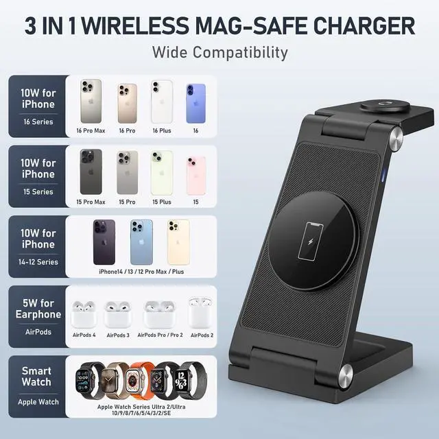 Alt view image 5 of 6 - Magnetic Wireless Charger Stand, 3 in 1 Foldable Wireless Charging Station, Travel Charger for Multiple Devices for iPhone 16 15 14 13 12 Series, Apple Watch Ultra/9/8/7/6/5/4/3/2, AirPods