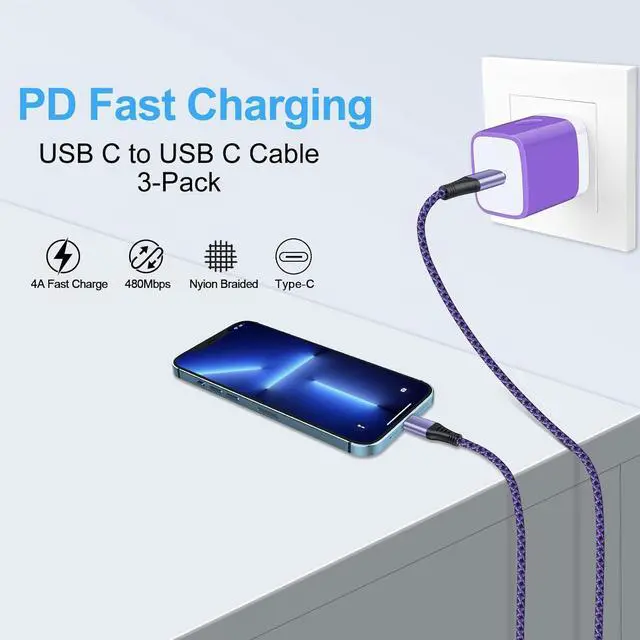 Alt view image 2 of 7 - USB C to USB C Fast Charging Cable 3-Pack 6ft Type C Cable PD Cord Compatible iPhone 16 Pro Max Plus/15,Samsung Galaxy A15 5G/A54/S24 Ultra/A14/A35/A13/A23/S23FE/S21/Z Fold6/A53/S22,Pixel 9 Pro/8a/7/6