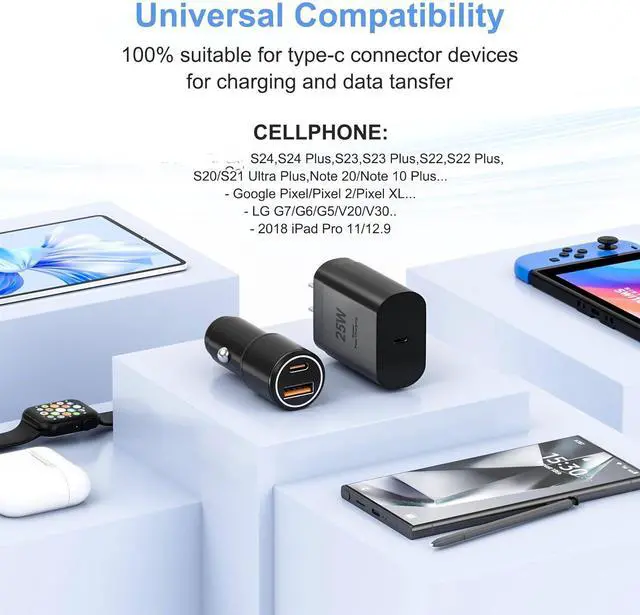 Alt view image 7 of 7 - Super Fast Charger Type C Kit,25W PD USB C Wall/Car Charger for Galaxy S25/S24/S23/S22/Plus/Ultra/FE/Note 20/10/A71,2020/2018 Pad Pro/Air,with 2X USB C-to-C Cable(6.6ft)