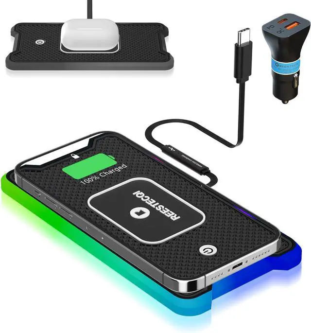 Main image of Wireless Car Charger Pad, REESTECQI 15W RGB Wireless Charger for Car Type C Non Slip Wireless Charging Pad for Car 40W Car Charger Incl for Airpods iPhone 16/15/14/13/12,Samsung Google (30CM Cable)