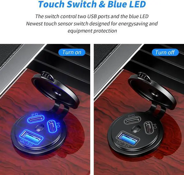 Alt view image 3 of 7 - Kewig 2Pack 12V USB Outlet Wired USB Charger Multi Port, Dual PD3.0 & QC 3.0 Multiple USB Port for Car, USB Port Socket with Power Switch, Fast Charger for Tablet, Suitable for Car Boat RV Marine ATV