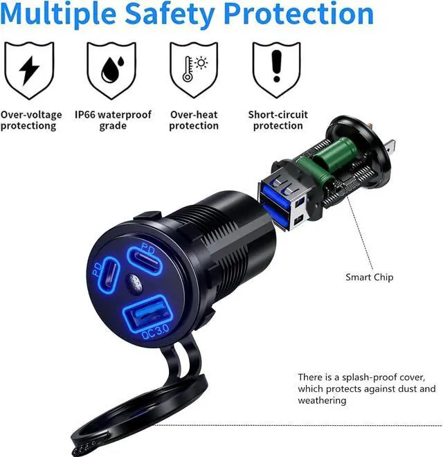 Alt view image 5 of 7 - Kewig 2Pack 12V USB Outlet Wired USB Charger Multi Port, Dual PD3.0 & QC 3.0 Multiple USB Port for Car, USB Port Socket with Power Switch, Fast Charger for Tablet, Suitable for Car Boat RV Marine ATV