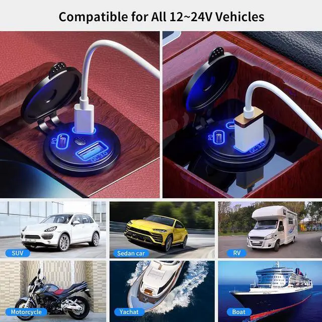 Alt view image 7 of 7 - Kewig 2Pack 12V USB Outlet Wired USB Charger Multi Port, Dual PD3.0 & QC 3.0 Multiple USB Port for Car, USB Port Socket with Power Switch, Fast Charger for Tablet, Suitable for Car Boat RV Marine ATV