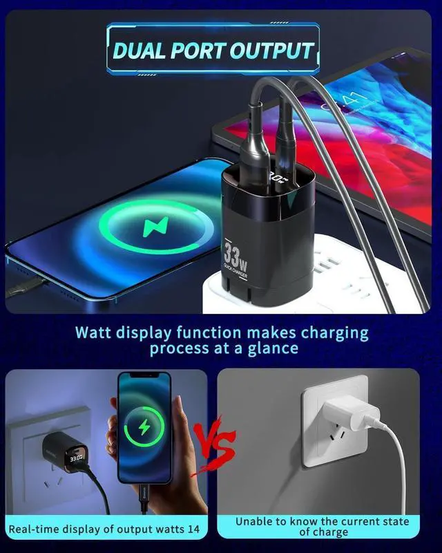 Alt view image 7 of 7 - 33W USB C Wall Charger, GaN Dual Port 30W Fast Charging Block with Power Display/PPS/PD/QC 3.0, for iPhone 16/15/14, Samsung S24/S23, iPad Air
