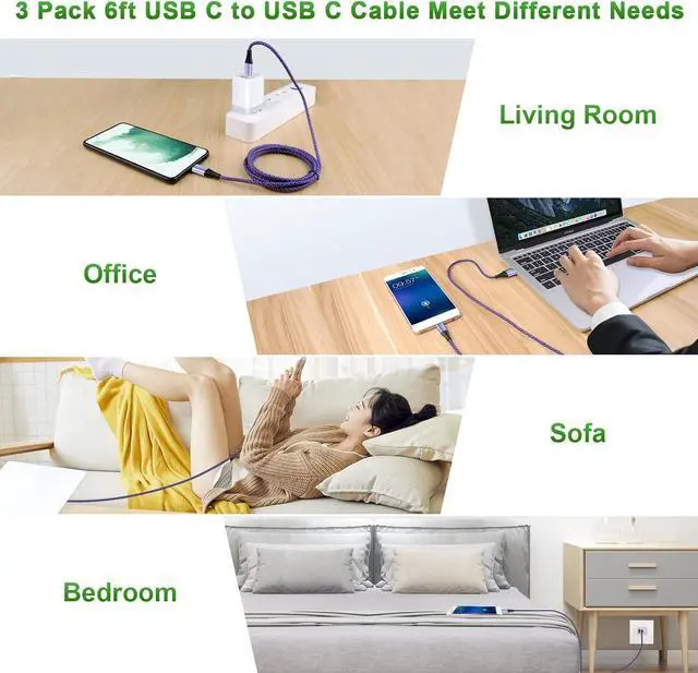 Alt view image 7 of 7 - USB C to USB C Fast Charging Cable 3-Pack 6ft Type C Cable PD Cord Compatible iPhone 16 Pro Max Plus/15,Samsung Galaxy A15 5G/A54/S24 Ultra/A14/A35/A13/A23/S23FE/S21/Z Fold6/A53/S22,Pixel 9 Pro/8a/7/6