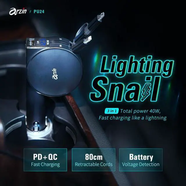 Alt view image 2 of 7 - Arzin PU24 Super Fast Car Charger, Cigarette Lighter Charger, Retractable Cord, Type-C, Micro USB, Lightning, PD 40W Super Fast Charging, QC4.0, Suitable for Charging Phones and Tablets