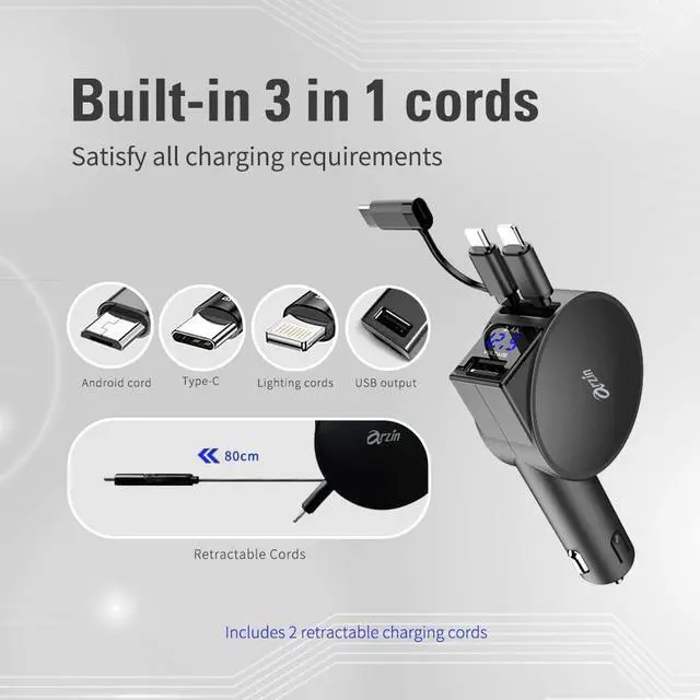 Alt view image 3 of 7 - Arzin PU24 Super Fast Car Charger, Cigarette Lighter Charger, Retractable Cord, Type-C, Micro USB, Lightning, PD 40W Super Fast Charging, QC4.0, Suitable for Charging Phones and Tablets