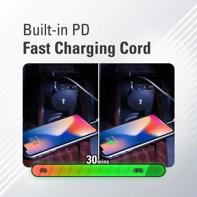 Alt view image 6 of 7 - Arzin PU24 Super Fast Car Charger, Cigarette Lighter Charger, Retractable Cord, Type-C, Micro USB, Lightning, PD 40W Super Fast Charging, QC4.0, Suitable for Charging Phones and Tablets