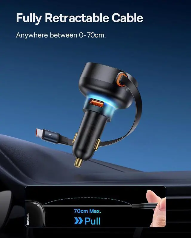 Alt view image 2 of 7 - Baseus USB C Car Charger, 60W Retractable Car Charger, Dual Fast Charging, Compatible with iPhone 15/14/13/12 Pro Max, Plus, Samsung Galaxy S23/S22/S21 Ultra, Google Pixel and More