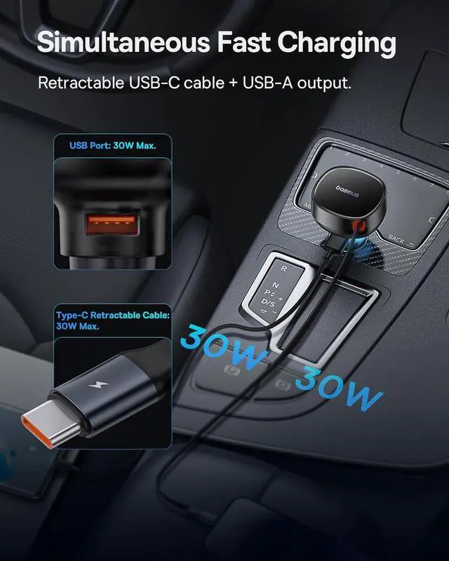 Alt view image 3 of 7 - Baseus USB C Car Charger, 60W Retractable Car Charger, Dual Fast Charging, Compatible with iPhone 15/14/13/12 Pro Max, Plus, Samsung Galaxy S23/S22/S21 Ultra, Google Pixel and More