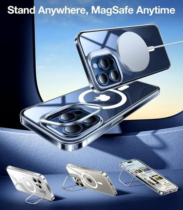 Alt view image 2 of 7 - TORRAS for iPhone 15 Pro Max Case, Compatible with MagSafe, Military-Grade Protection, Built-in Invisible Stand Magnetic Slim Hard Back Soft Edge Anti-Scratch, Clear
