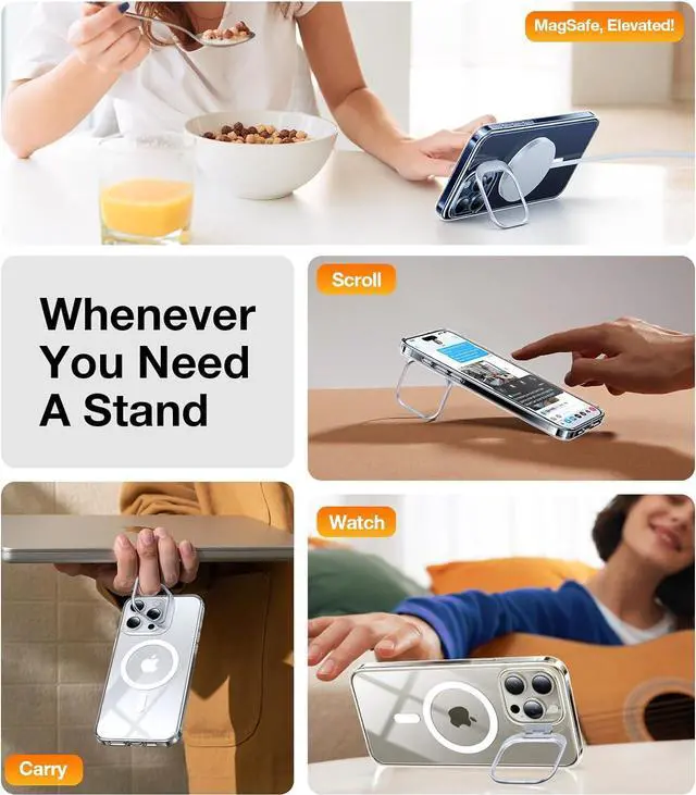 Alt view image 5 of 7 - TORRAS for iPhone 15 Pro Max Case, Compatible with MagSafe, Military-Grade Protection, Built-in Invisible Stand Magnetic Slim Hard Back Soft Edge Anti-Scratch, Clear