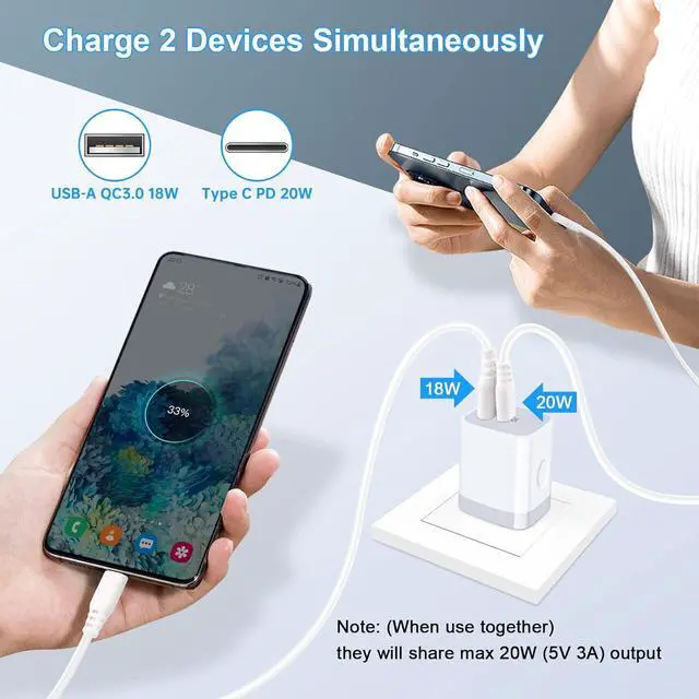 Alt view image 4 of 7 - USB C Power Adapter,3Pack 20W 2 Port PD&QC 3.0 Type C Fast Charging Block Wall Charger Compatible for iPhone 16e 16 15 14 13 12 11 Pro Max,SE,iPad,8 7 Plus,Samsung Galaxy S21 S20 S10 Plus,Pixel 9 8 7